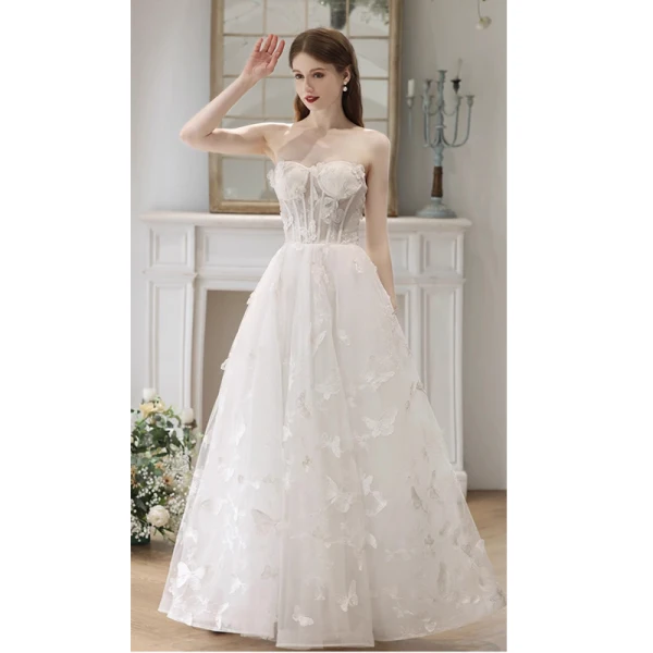 Elegant White Pearl Lace Butterfly Prom Dresses 2023 A-Line / Princess Spaghetti Straps Sleeveless Backless Floor-Length / Long Formal Dresses