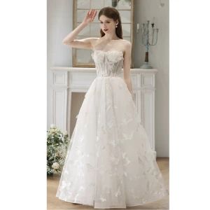 Charming White Lace Butterfly Prom Dresses 2023 Backless Strapless Sleeveless Floor Length Long Prom Formal Dresses