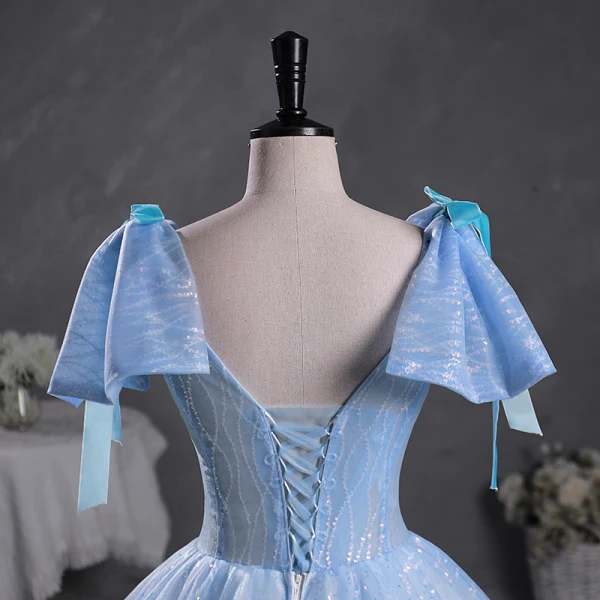 Fashion Sky Blue Beading Sequins Prom Dresses 2023 Ball Gown V-Neck Bow Short Sleeve Backless Floor-Length / Long Prom Formal Dresses