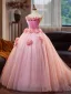 Flower Fairy Blushing Pink Appliques Ball Gown Prom Dresses 2025 Strapless Sleeveless Backless Floor-Length / Long Prom Formal Dresses