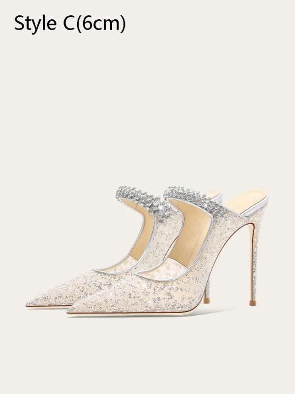 Sexy Argenté Faux Diamant Paillettes Soirée Sandales Femme 2024 11 cm Talons Aiguilles À Bout Pointu Sandales Talons Hauts