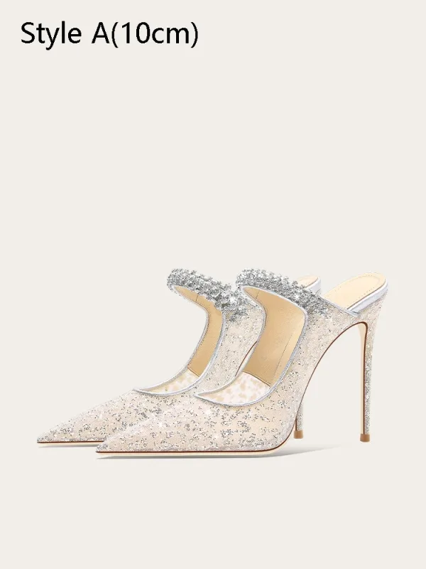 Sexy Argenté Faux Diamant Paillettes Soirée Sandales Femme 2024 11 cm Talons Aiguilles À Bout Pointu Sandales Talons Hauts