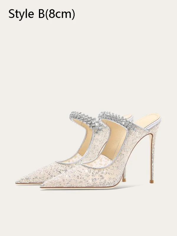 Sexy Argenté Faux Diamant Paillettes Soirée Sandales Femme 2024 11 cm Talons Aiguilles À Bout Pointu Sandales Talons Hauts