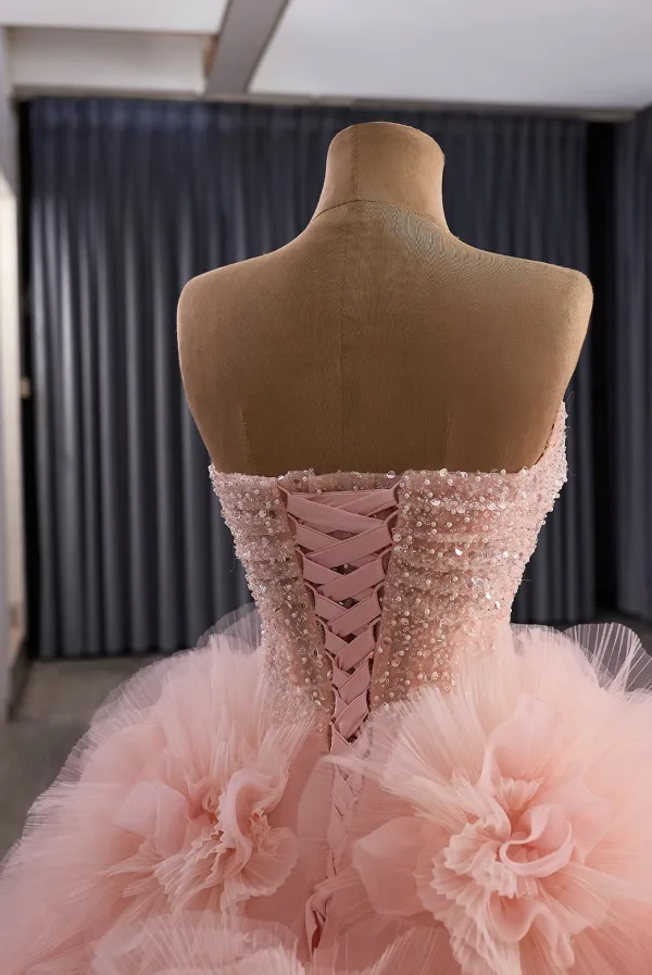 Luxury / Gorgeous Flower Fairy Blushing Pink Handmade  Beading Pearl Sequins Appliques Prom Dresses 2025 Ball Gown Strapless Sleeveless Backless Chapel Train