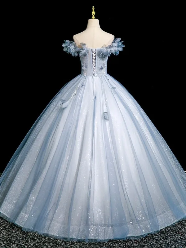 Bling Bling Sky Blue Beading Appliques Sequins Prom Dresses 2025 Ball Gown Off-The-Shoulder Short Sleeve Backless Floor-Length / Long Formal Dresses
