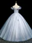 Bling Bling Sky Blue Beading Appliques Sequins Prom Dresses 2025 Ball Gown Off-The-Shoulder Short Sleeve Backless Floor-Length / Long Formal Dresses