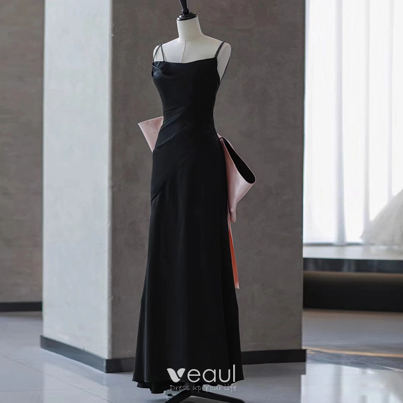 Elegant Black Satin Evening Dress Sleeveless Backless Bow Long