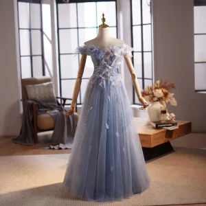 Chic Belle Bleu Ciel Perlage Gland Appliques Paillettes Robe De Bal 2025 Princesse De L Épaule Manches Courtes Dos Nu Longue Robe De Ceremonie