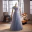 Chic / Beautiful Sky Blue Beading Tassel Appliques Sequins Prom Dresses 2025 A-Line / Princess Off-The-Shoulder Short Sleeve Backless Floor-Length / Long Formal Dresses