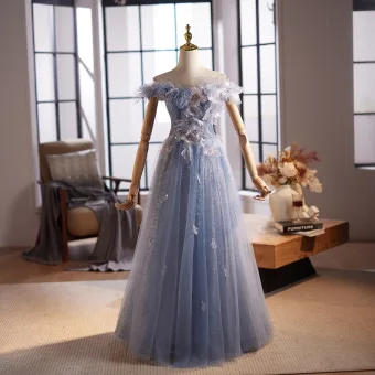Hermoso Azul Cielo Rebordear Tassel Apliques Lentejuelas Vestidos De Gala 2025 A Line Princess Fuera Del Hombro Manga Corta Sin Espalda Largos Vestidos Formales
