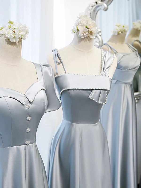 Modest / Simple Silver Grey Satin Bridesmaid Dresses 2022 A-Line / Princess Short Sleeve Backless Floor-Length / Long Wedding Party Dresses