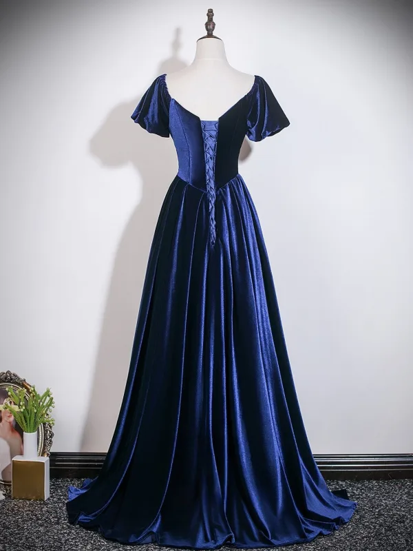 Vintage Marineblau Perlenstickerei Ballkleider 2026 A Linie Eckiger Ausschnitt Geschwollenes Kurze Ärmel Rückenfreies Lange Festliche Kleider