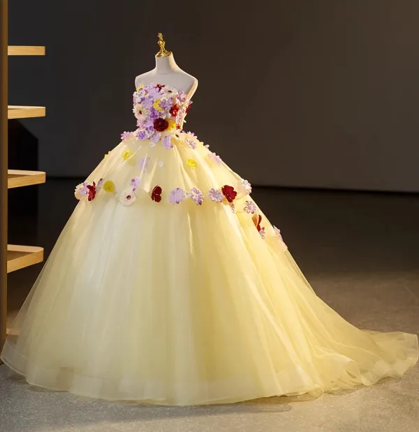 Elegant Yellow Rhinestone Appliques Cascading Ruffles Prom Dresses 2023 Ball Gown Strapless Sleeveless Backless Floor-Length / Long Prom Formal Dresses