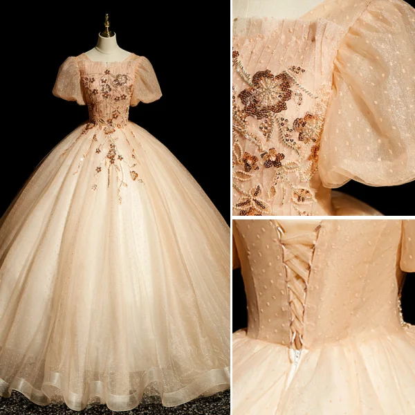 Classy Champagne Beading Sequins Prom Dresses 2023 Ball Gown Scoop Neck Short Sleeve Backless Floor-Length / Long Prom Formal Dresses