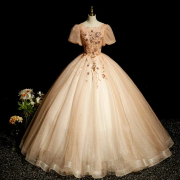 Elegante Champagner Perlenstickerei Pailletten Ballkleider 2022 Ballkleid Rundhalsausschnitt Kurze Ärmel Rückenfreies Lange Ball Festliche Kleider