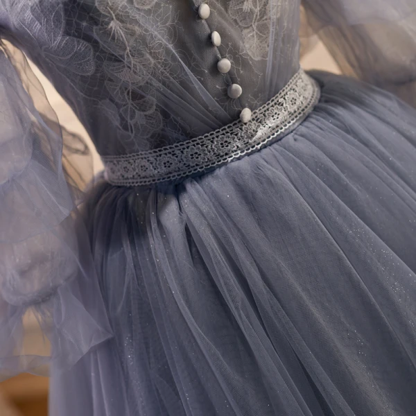 Chic / Beautiful Grey Lace Flower Prom Dresses 2023 A-Line / Princess Spaghetti Straps Puffy Short Sleeve Backless Floor-Length / Long Prom Formal Dresses
