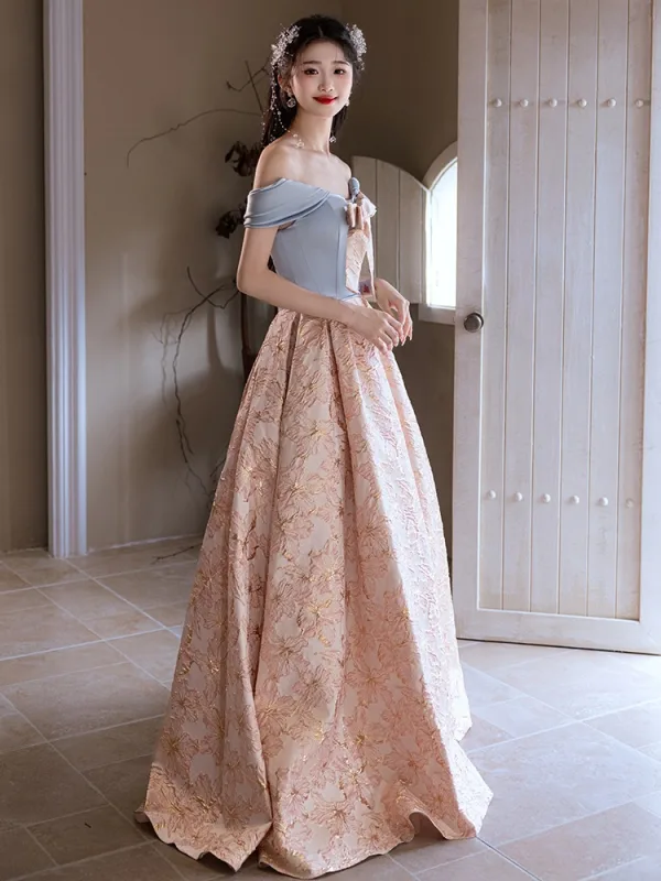 Eleganckie Rumieniąc Różowy Druk Sukienki Na Bal 2025 Princessa Przy Ramieniu Kokarda Bufiasta Kótkie Rękawy Bez Pleców Długie Bal Sukienki Wizytowe