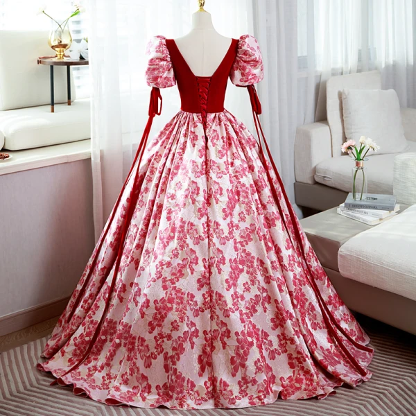 Elegant Red Printing Prom Dresses 2022 Square Neckline Puffy Short Sleeve Backless Floor-Length / Long Prom Formal Dresses