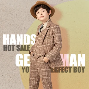 Tan Plaid 5 Piece Boys Wedding Suits 2022 Long Sleeve Coat Pants Shirt Tie Vest