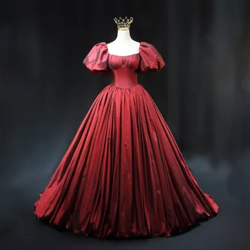 Vintage Originale Bordeaux Robe De Bal 2024 Robe Boule Encolure Carrée Gonflée Manches Courtes Dos Nu Train De Balayage Promo Robe De Ceremonie