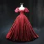 Vintage / Retro Burgundy Prom Dresses 2024 Ball Gown Square Neckline Puffy Short Sleeve Backless Sweep Train Prom Formal Dresses
