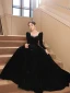 Elegante Schwarz Strass Wildleder Abendkleider 2023 A Linie Eckiger Ausschnitt Lange Ärmel Rückenfreies Schleife Lange Abend Festliche Kleider