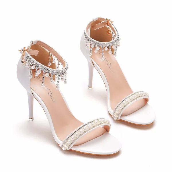 Charming White Pearl Rhinestone Wedding Shoes 2022 9 cm Stiletto Heels Open / Peep Toe Wedding Sandals High Heels