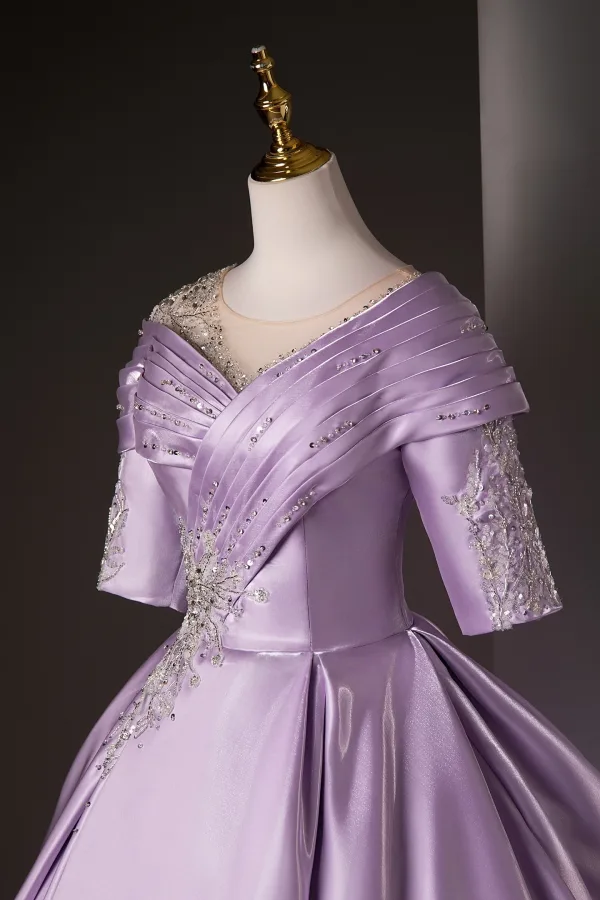 Vintage / Retro Elegant Lavender Beading Sequins Prom Dresses 2025 Ball Gown  Scoop Neck Short Sleeve Backless