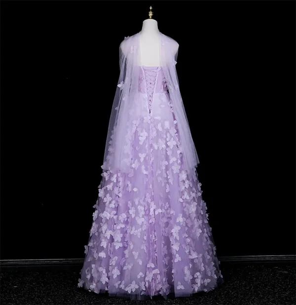 Flower Fairy Lavender Appliques Prom Dresses 2025 A-Line / Princess Strapless Sleeveless Backless Floor-Length / Long Formal Dresses