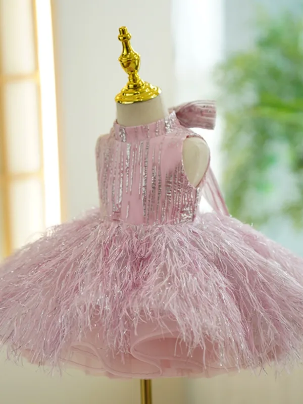 Chic / Beautiful Blushing Pink Tassel Sequins Birthday Flower Girl Dresses 2023 Ball Gown Scoop Neck Sleeveless Bow Short