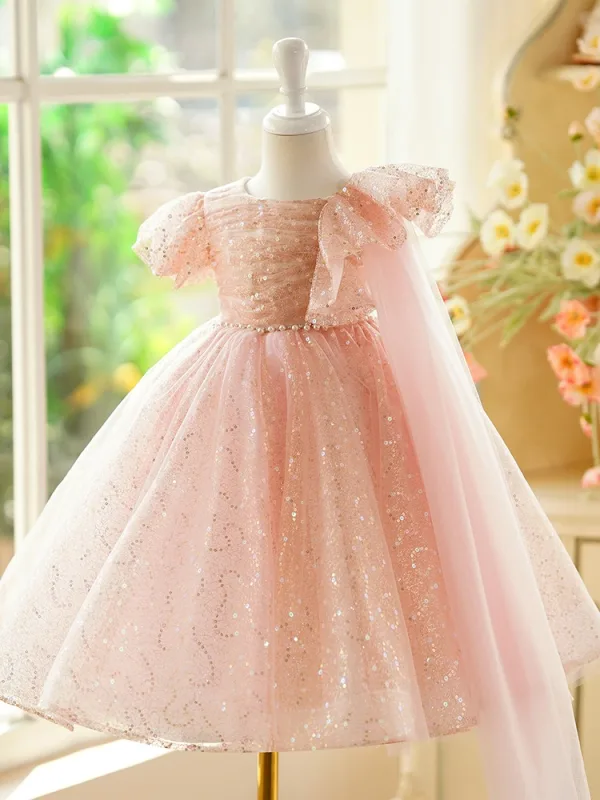 Bling Bling Blushing Pink Beading Pearl Sequins Birthday Flower Girl Dresses 2024 Ball Gown Scoop Neck Puffy Short Sleeve Floor-Length / Long