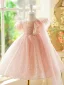 Bling Bling Blushing Pink Beading Pearl Sequins Birthday Flower Girl Dresses 2024 Ball Gown Scoop Neck Puffy Short Sleeve Floor-Length / Long