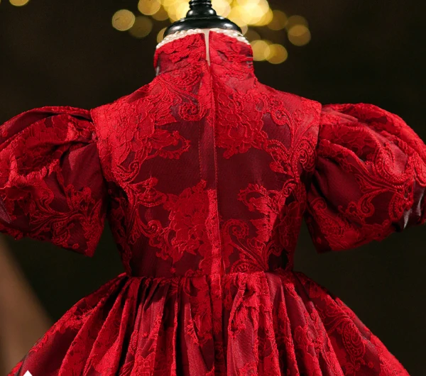 Elegant Burgundy Lace Flower Birthday Flower Girl Dresses 2024 Ball Gown High Neck Short Sleeve Floor-Length / Long