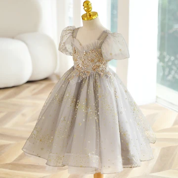 Chic Beautiful Grey Star Sequins Short Flower Girl Dresses 2023 Square Neckline Short Sleeve Backless Prom Flower Girl Dresses
