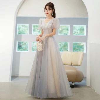 Chic Beautiful Grey Sequins Prom Dresses 2022 A Line Princess V Neck Short Sleeve Backless Floor Length Long Prom Formal Dresses
