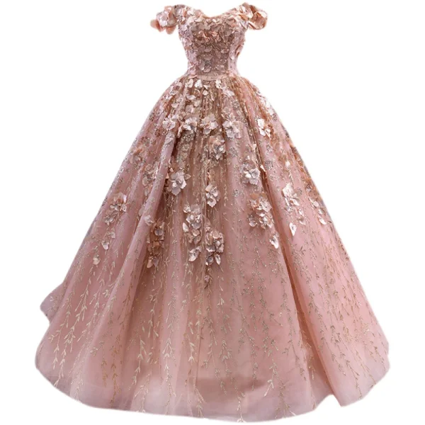 Luxury / Gorgeous Dusky Pink Appliques Wedding Dresses 2022 Ball Gown With Cloak Off-The-Shoulder Pearl Sequins Short Sleeve Backless Floor-Length / Long Wedding