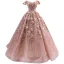 Luxury / Gorgeous Dusky Pink Appliques Wedding Dresses 2022 Ball Gown With Cloak Off-The-Shoulder Pearl Sequins Short Sleeve Backless Floor-Length / Long Wedding