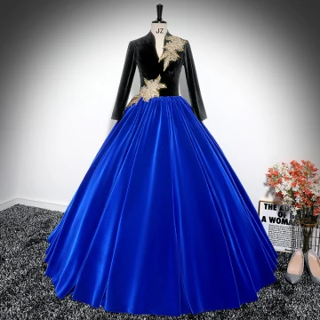 Vintage Originale Bleu Roi Perlage En Dentelle Fleur Velours Robe De Bal 2024 Robe Boule V Cou Manches Longues Dos Nu Longue Promo Robe De Ceremonie