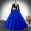 Vintage / Retro Royal Blue Beading Lace Flower Velvet Prom Dresses 2024 Ball Gown V-Neck Long Sleeve Backless Floor-Length / Long Prom Formal Dresses