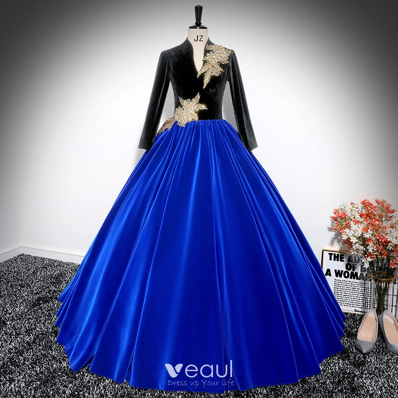 Vintage Retro Royal Blue Beading Lace Flower Velvet Prom Dresses 2024 Ball  Gown V Neck Long Sleeve Backless Floor Length Long Prom Formal Dresses