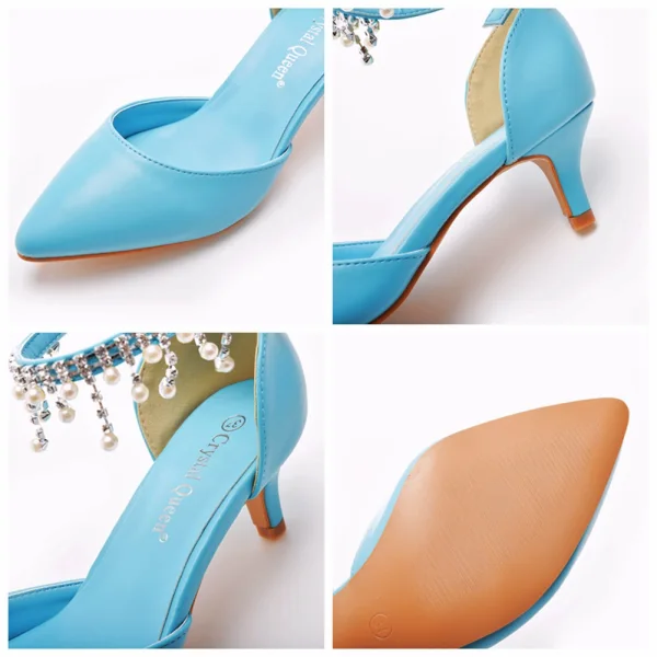 Chic / Beautiful Sky Blue Evening Party Womens Shoes 2023 Pearl Rhinestone Tassel Ankle Strap 5 cm Stiletto Heels Pointed Toe Womens Shoes High Heels