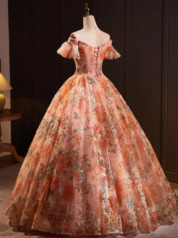 Chic / Beautiful Orange Sequins Prom Dresses 2024 Ball Gown Off-The-Shoulder Short Sleeve Backless Floor-Length / Long Prom Formal Dresses