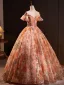 Chic / Beautiful Orange Sequins Prom Dresses 2024 Ball Gown Off-The-Shoulder Short Sleeve Backless Floor-Length / Long Prom Formal Dresses