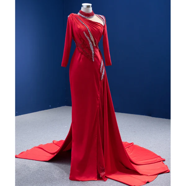 High-end Red Beading Pearl Sequins Evening Dresses Trumpet / Mermaid 2022 High Neck Long Sleeve Court Train Evening Party Formal Dresses