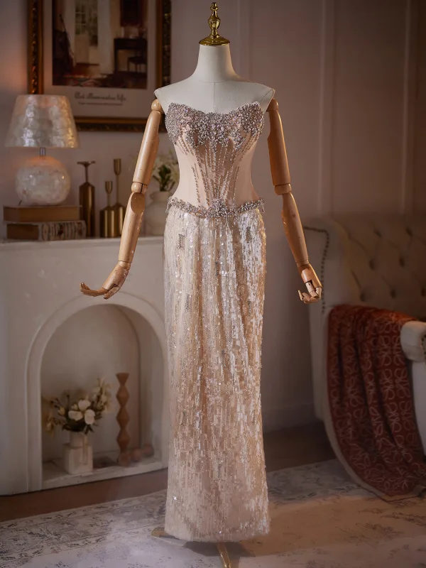 Luxury / Gorgeous Champagne Sequins Rhinestone Corset Evening Dresses 2026 Trumpet / Mermaid Strapless Sleeveless Backless With Cloak Floor-Length / Long Evening Party Formal Dresses