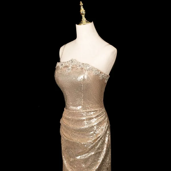 Sexy Glitzernden Champagner Pailletten Abendkleider 2025 Meerjungfrau Bandeau Ärmellos Rückenfreies Lange Abend Festliche Kleider