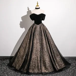 Chic Noire Glitter Robe De Bal 2025 Robe Boule De L Épaule Sans Manches Dos Nu Longue Promo Robe De Ceremonie