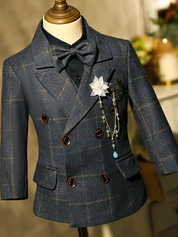 Fashion Black Plaid 5-piece Boys Wedding Suits 2022 Long Sleeve Coat Pants Shirt Tie Vest