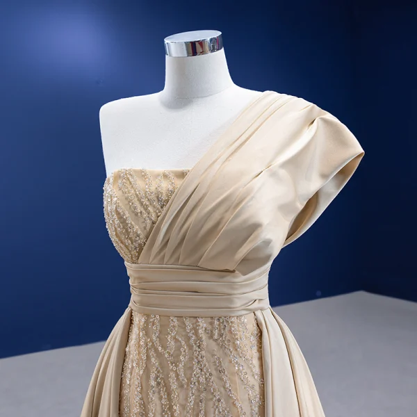 Haut de Gamme Kaki Perlage Paillettes Satin Robe De Soirée 2022 Trompette / Sirène Une épaule Sans Manches Dos Nu Chapel Train Soirée Robe De Ceremonie