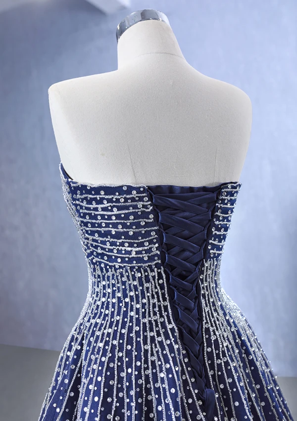 Haut de Gamme Bleu Marine Fait main Perlage Faux Diamant Robe De Bal 2023 Princesse Bustier Sans Manches Dos Nu Train De Balayage Promo Robe De Ceremonie